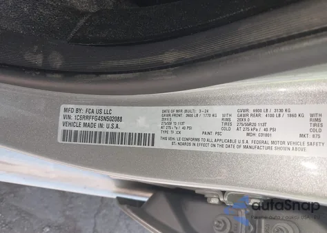 2025 Ram 1500 Big Horn 4X4 5'7 Box z USA, uszkodzony, nr VIN 1C6RRFFG4SN502088